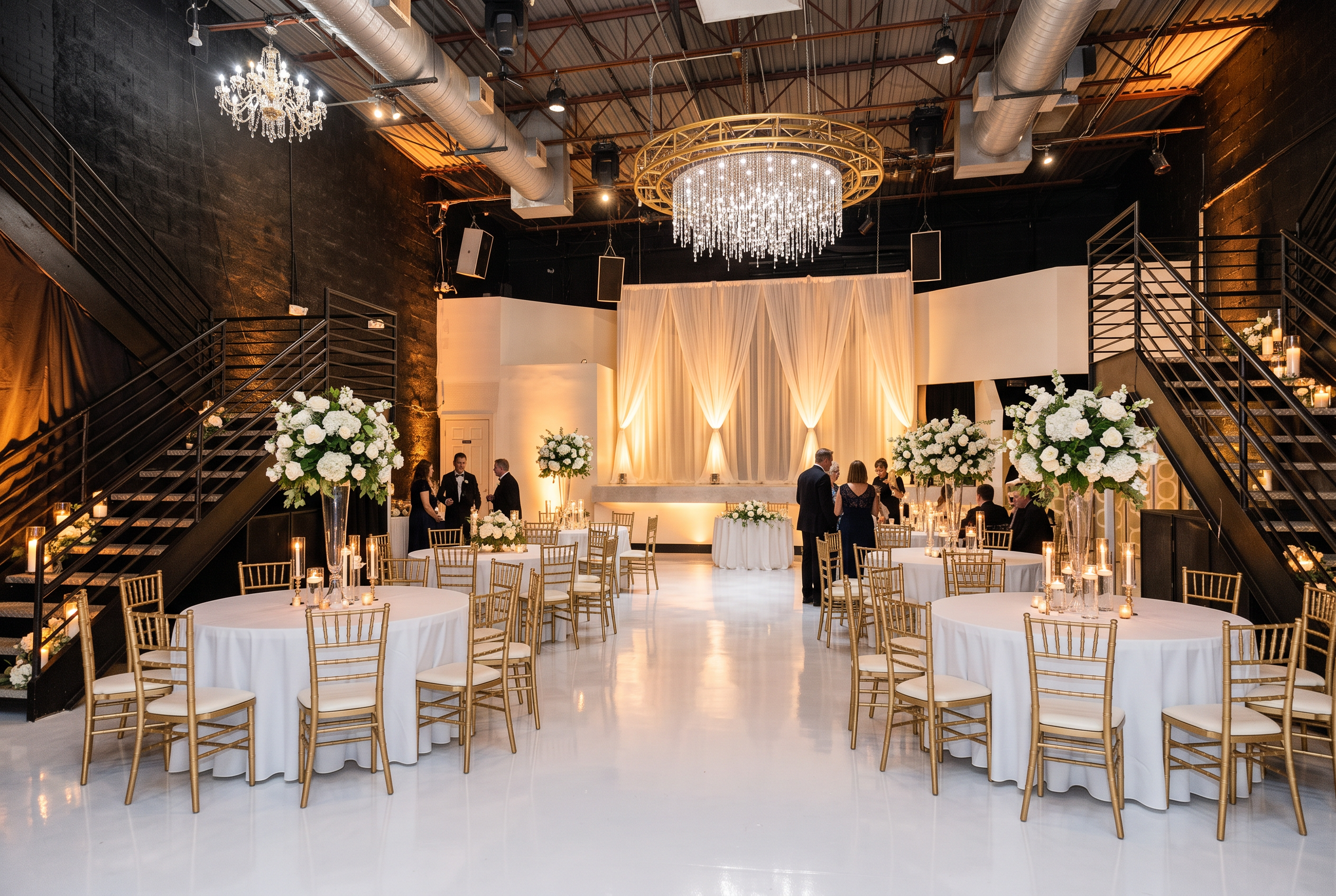 Detroit Circle Center main hall with chandelier and mirrored wall