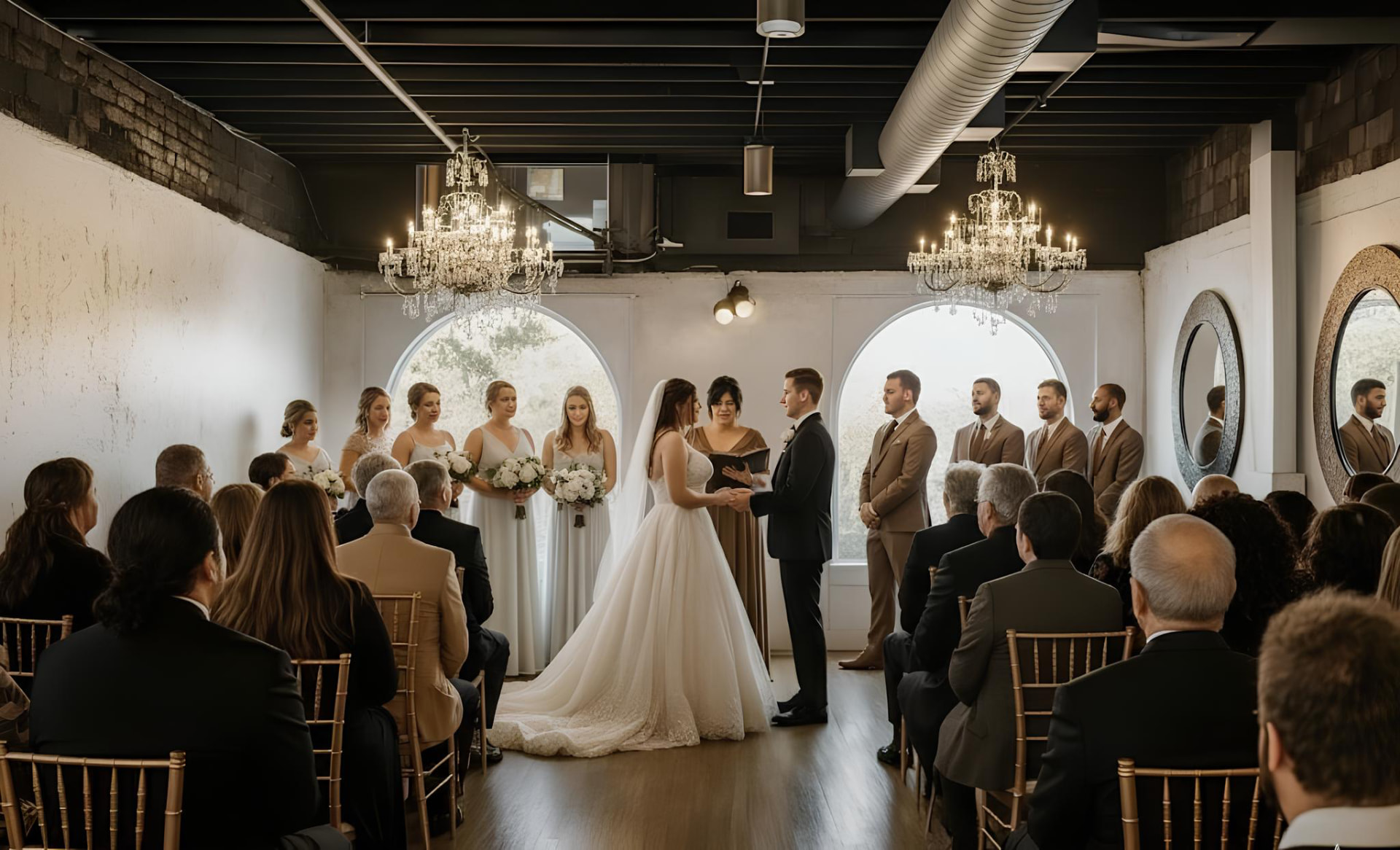 Wedding ceremony in Mezzanine Hall with crystal chandeliers, arched windows and round mirrors