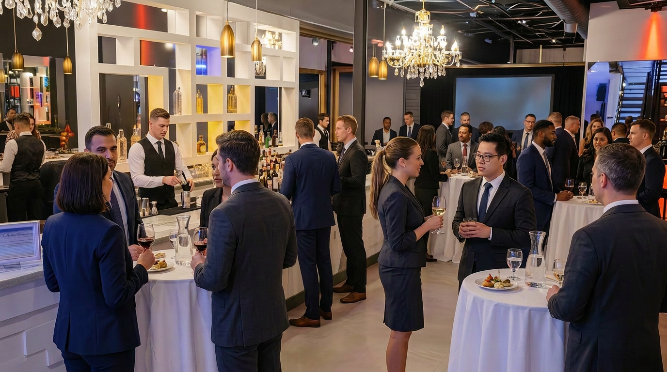 Guests networking under chandeliers at a corporate event at Detroit Circle Center