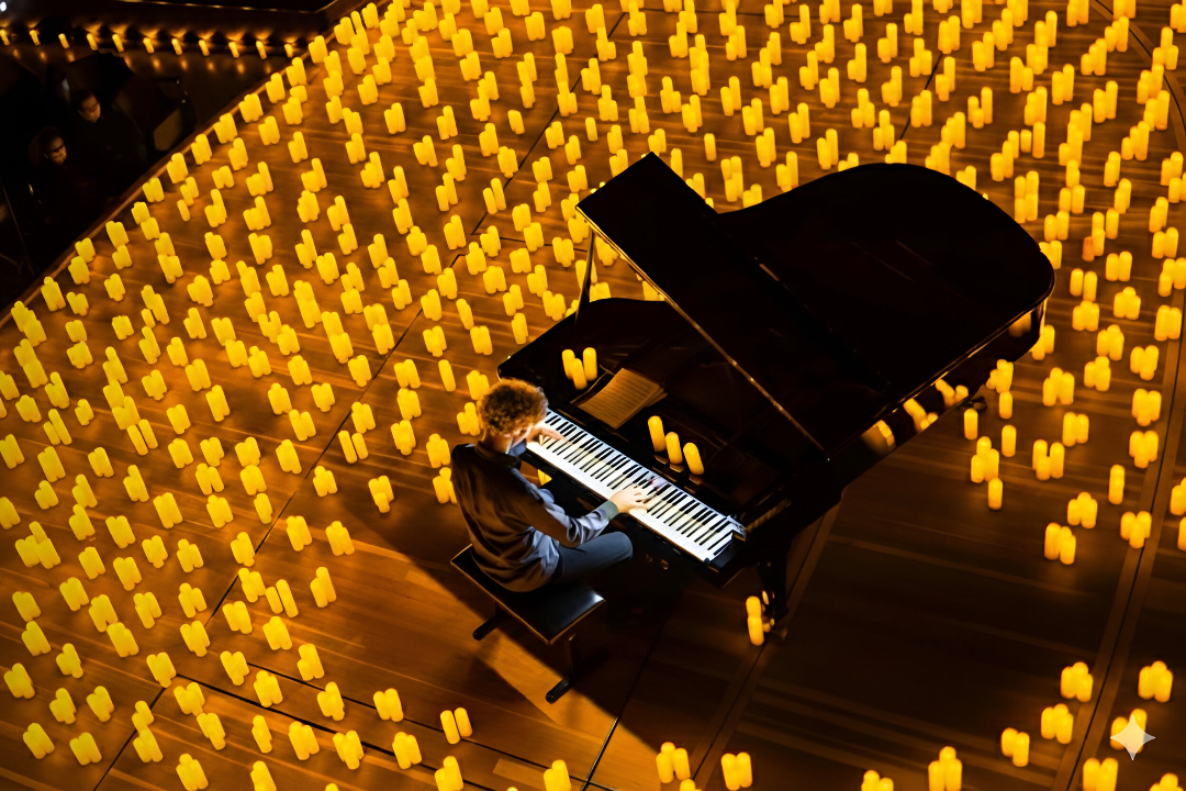 Pianist performing surrounded by hundreds of candles at Detroit Circle Center